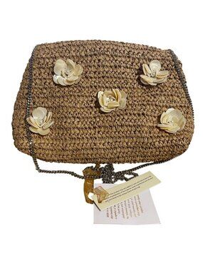 From India to You Woven Raffia Crossbody Bag Shell Flower Chain Strap Purse